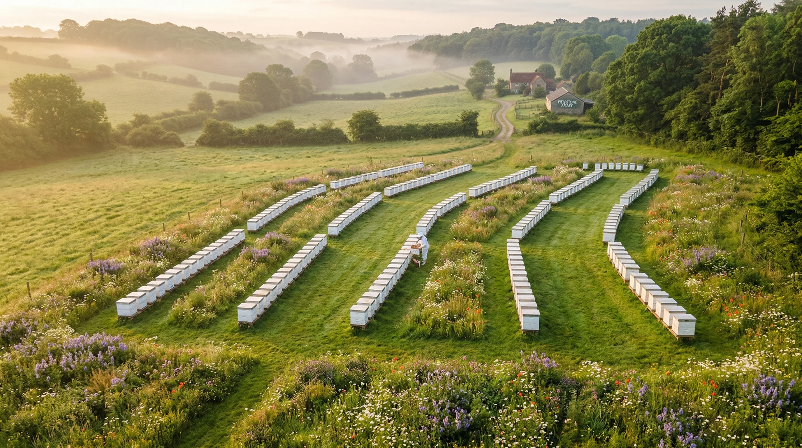 Profesjonalna pasieka z rzędami uli