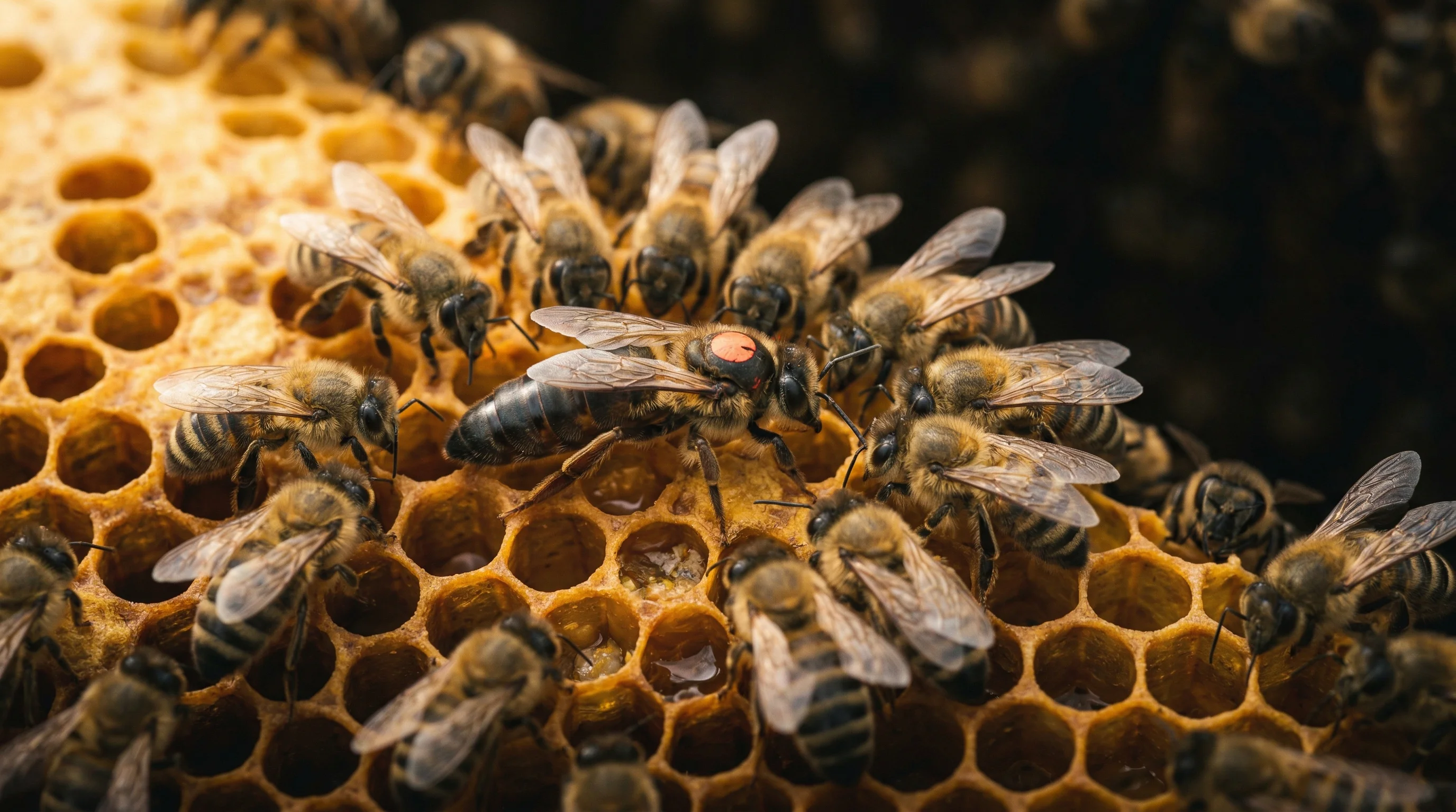 Matka pszczela unasienniona na plastrze miodu
