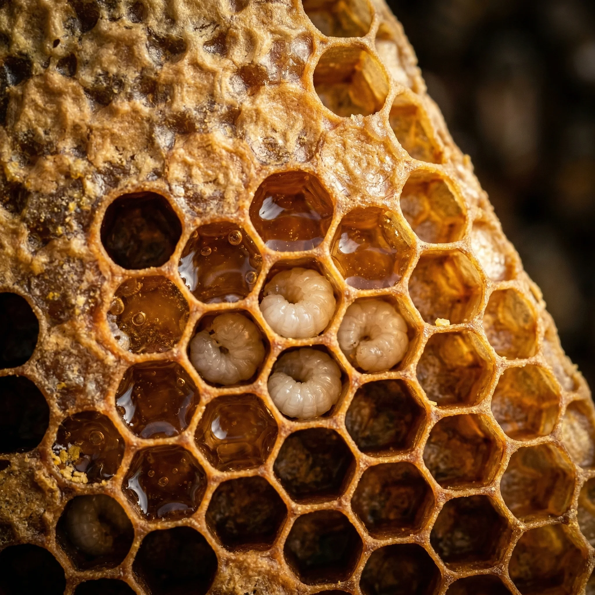 Szczegół plastra miodu z czerwiem matki unasiennionej